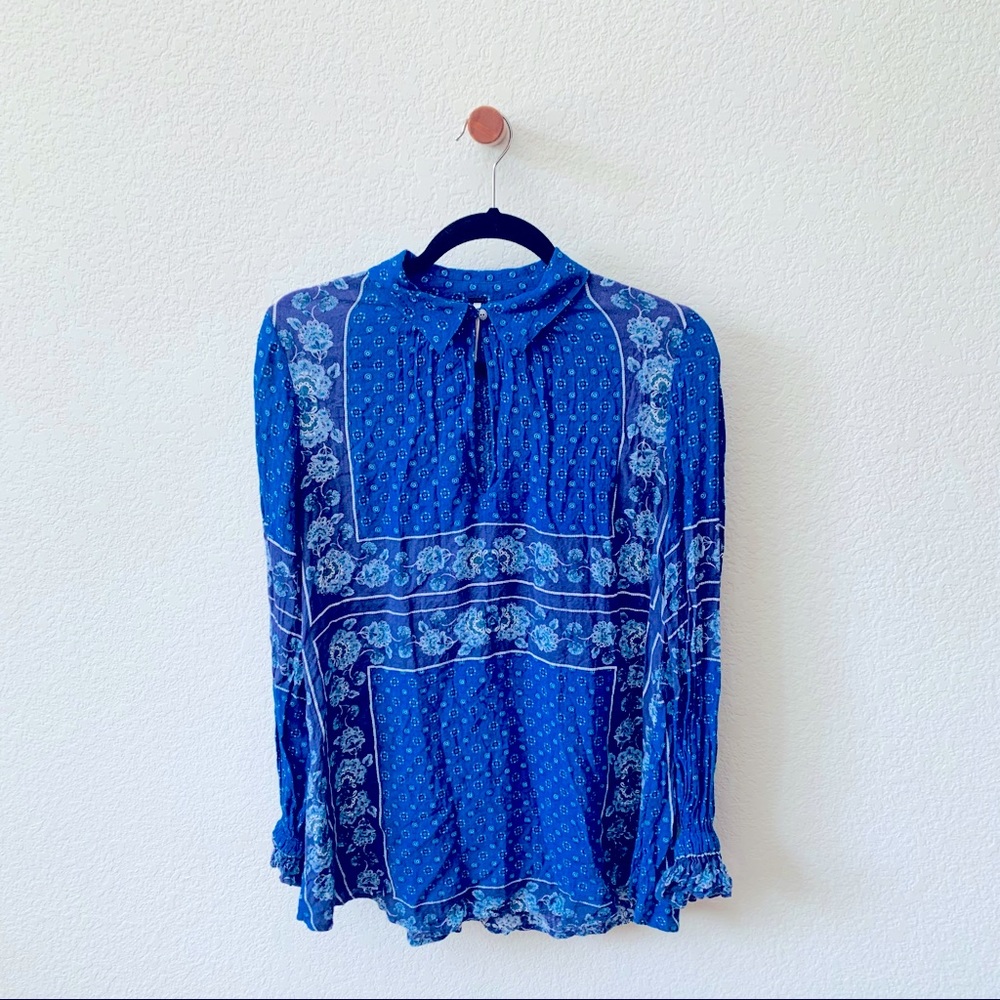 Free People Blue Boho Keyhole Top